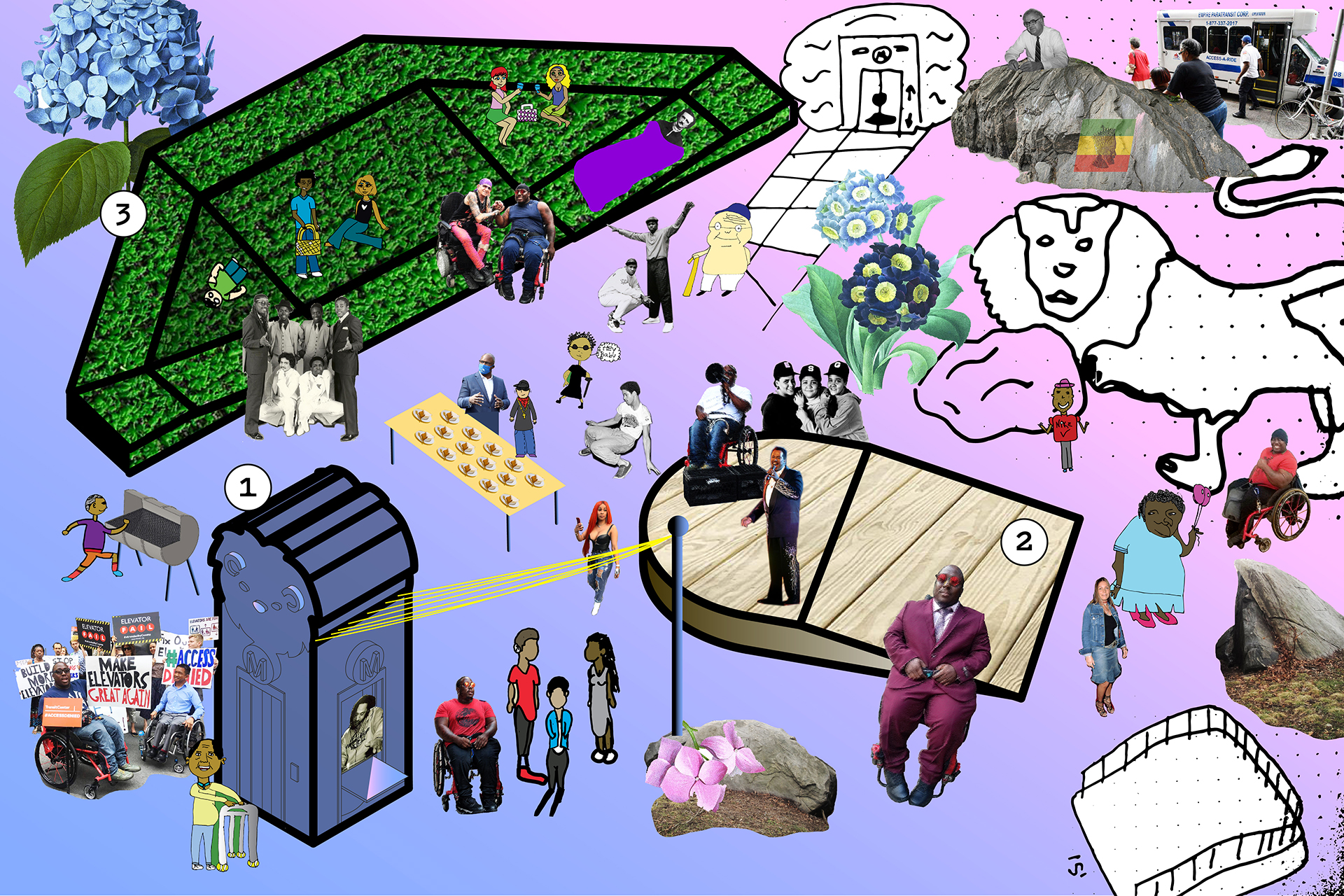 digital sketch of public spaces and people against a pink and purple background