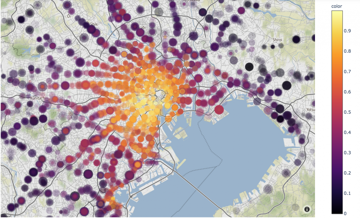 Multicolored dots on a map clustering near a city.