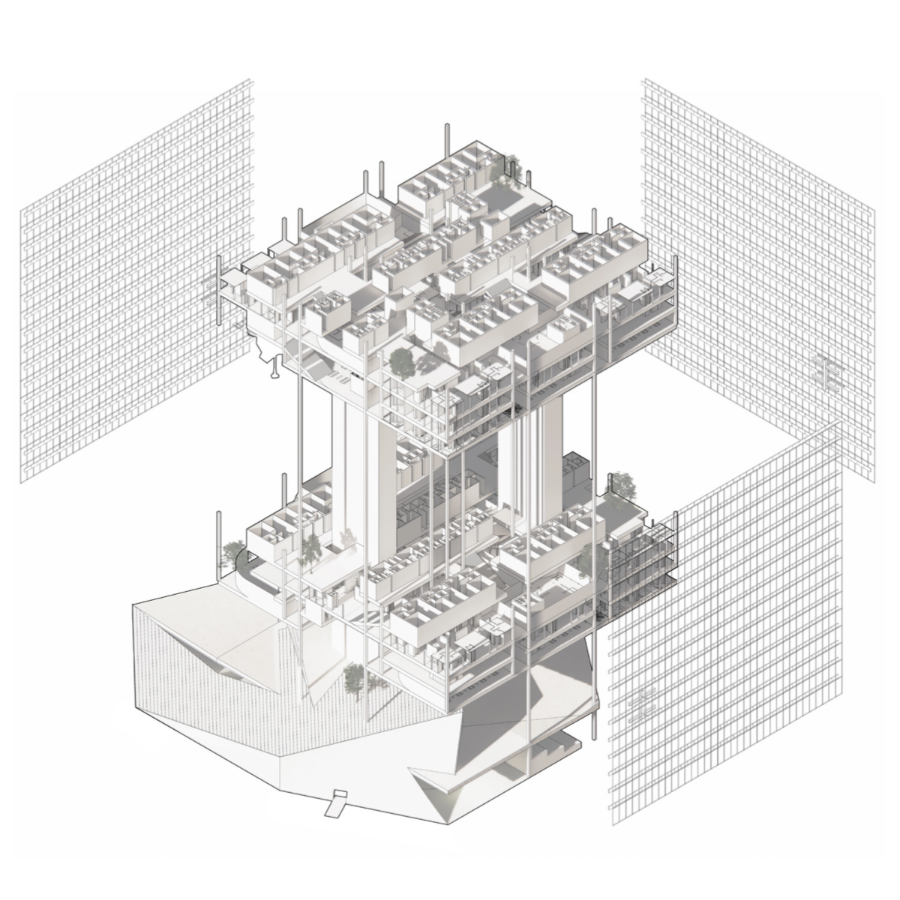 A 3d computer model of an architectural structure, with grid wires and parking lots.