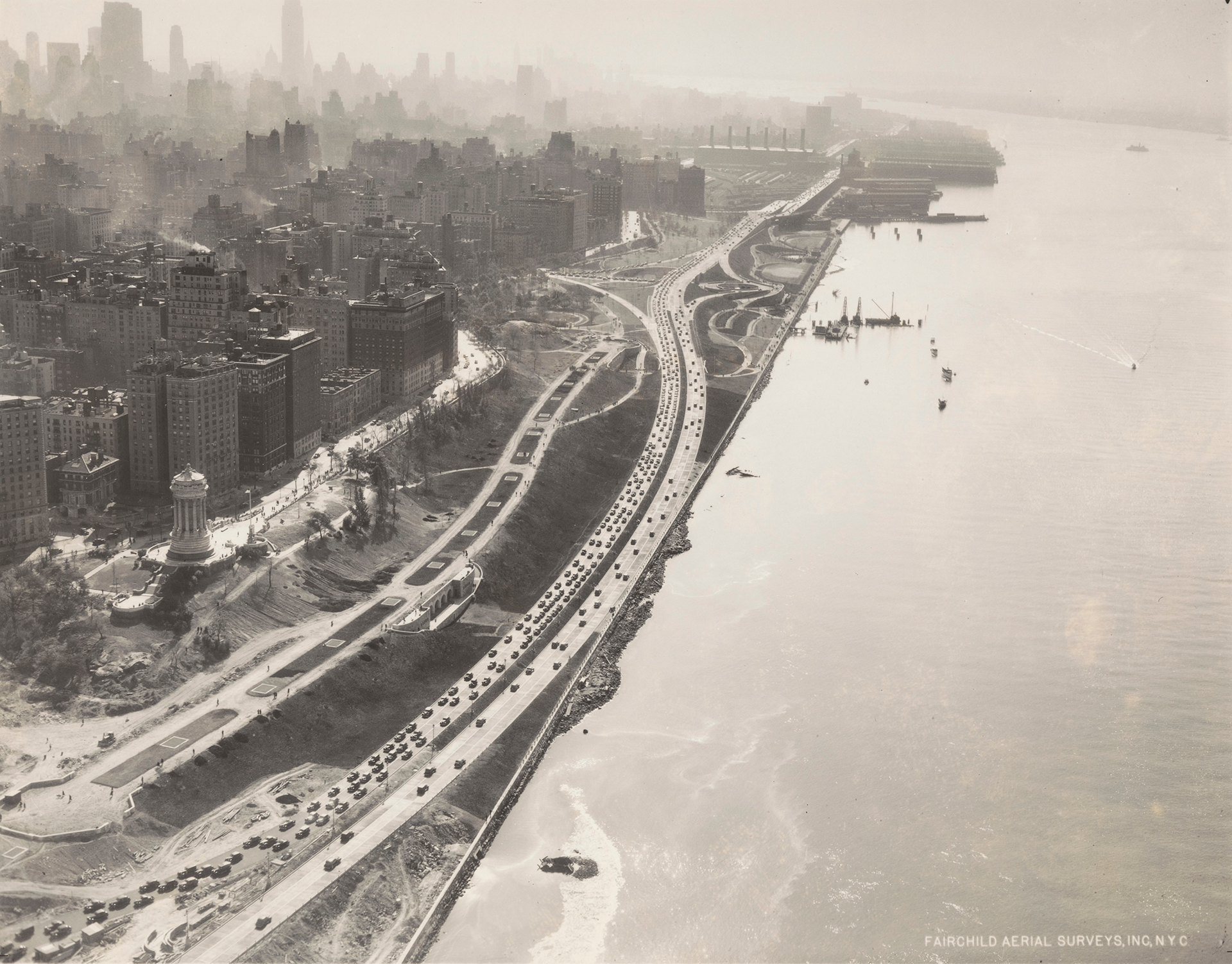 Aerial view of urban highway along a waterfront