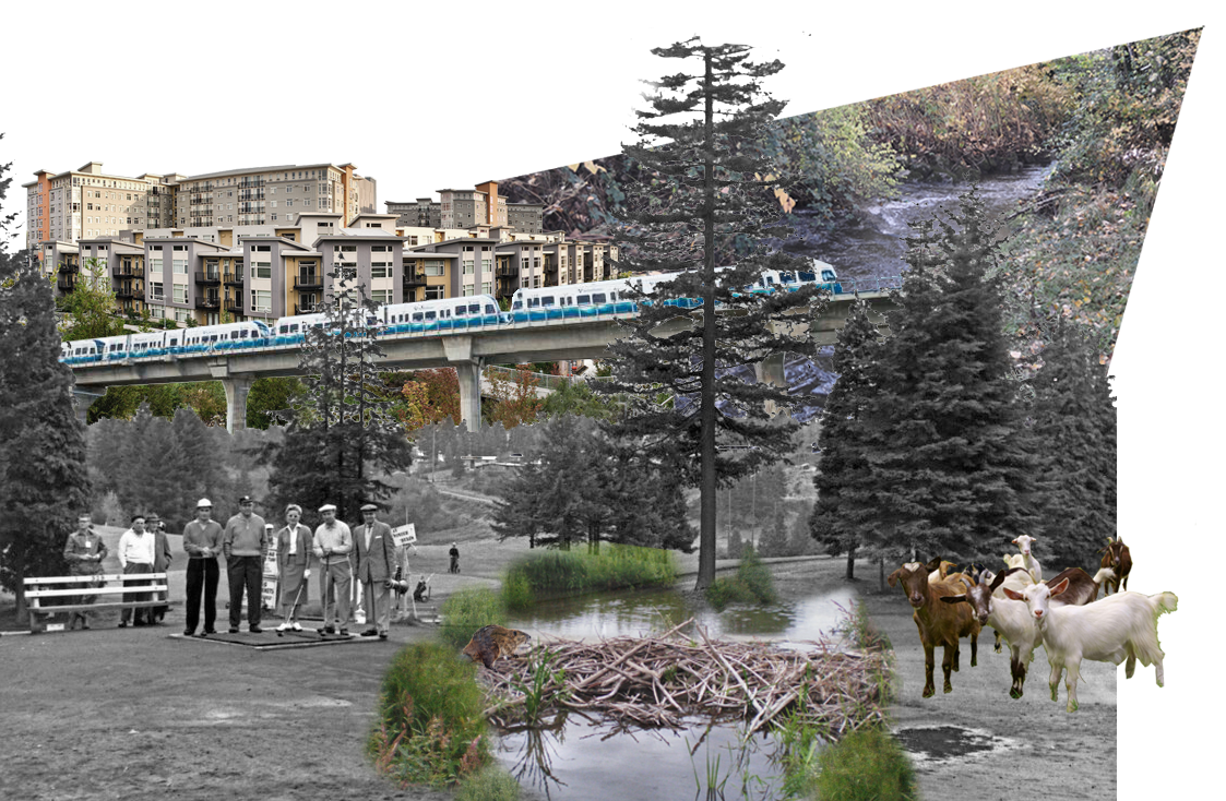 A collage of a train, buildings, people, trees, and animals together.
