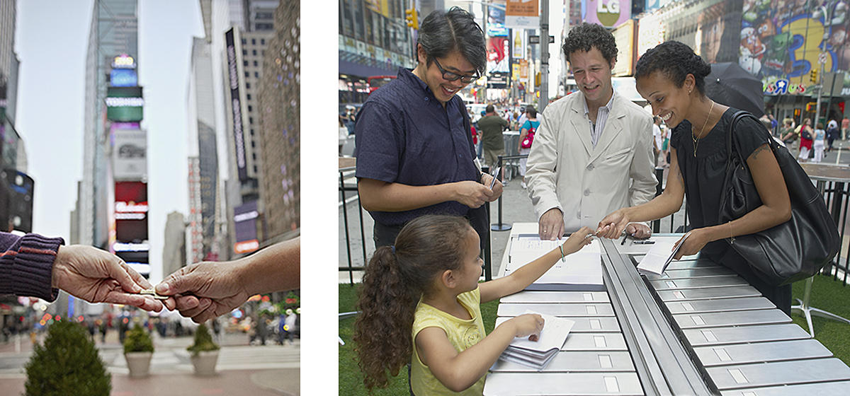 on left two hands exchanging a key in times square on right people interacting at a table in times square