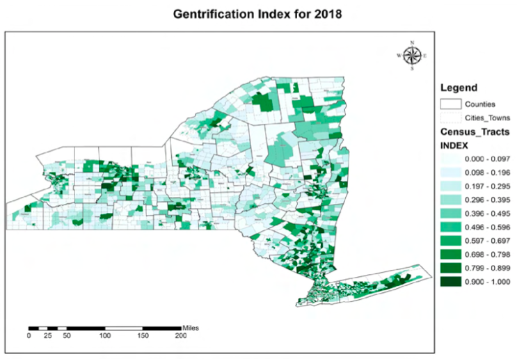 A choropleth map of the state of New York