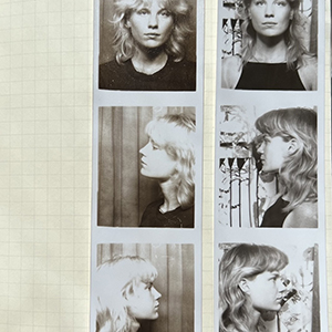 Series of six photographs of a woman with shoulder length light wavy hair in various profile pictures against a lined notepad.