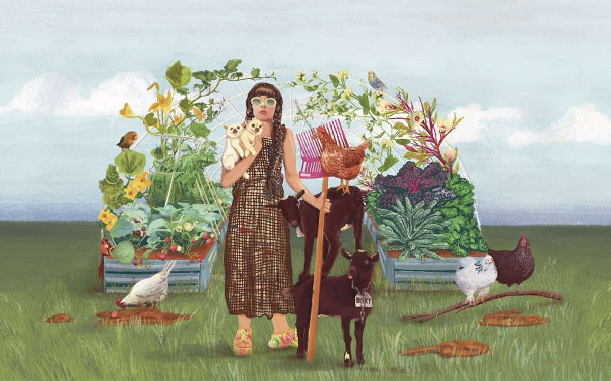 Illustration of a woman with long braided hair holding a farm tool in one hand and two small dogs in the other, surrounded by a small garden, three chickens, and two goats.
