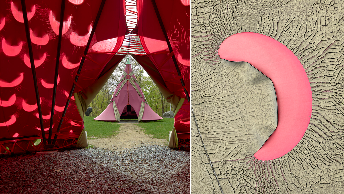 Bright pink and gold tent visible through doorway  of another tent (right) with detail of the cracking material (right)