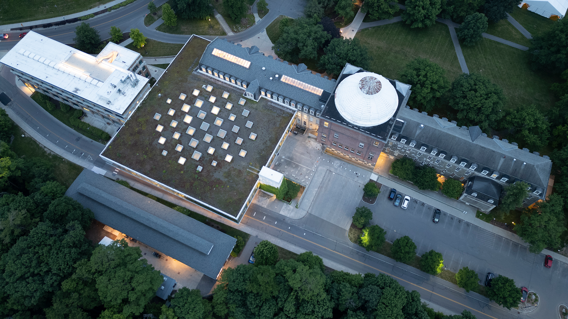 Aerial view of campus buildings