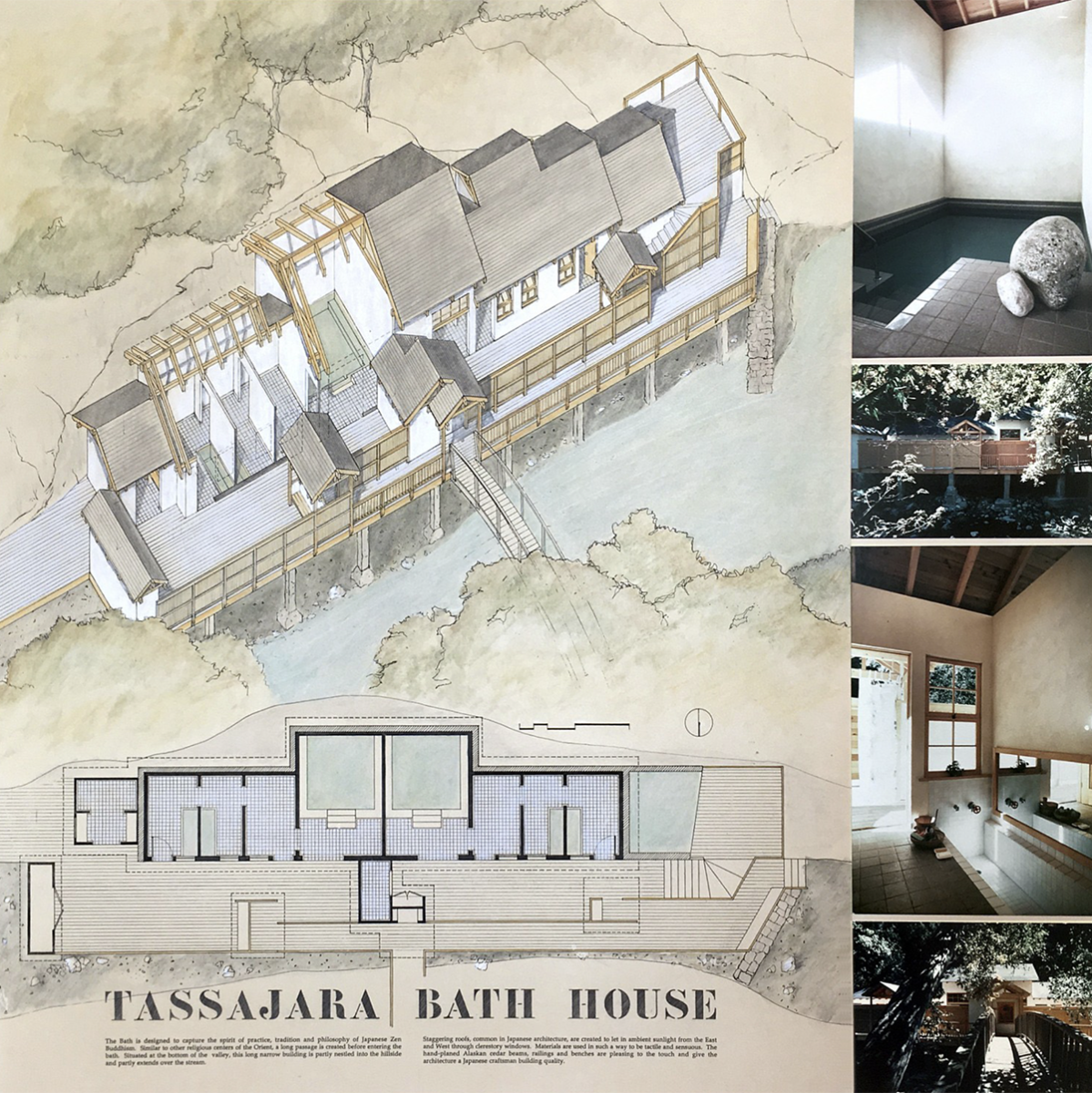 architecture design plan with a vertical strip of images of interiors of a bathhouse building