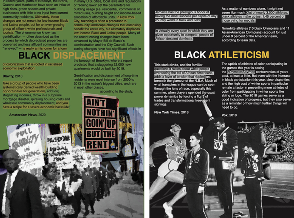 A green and black rectangle with white and yellow text show images of Black protests