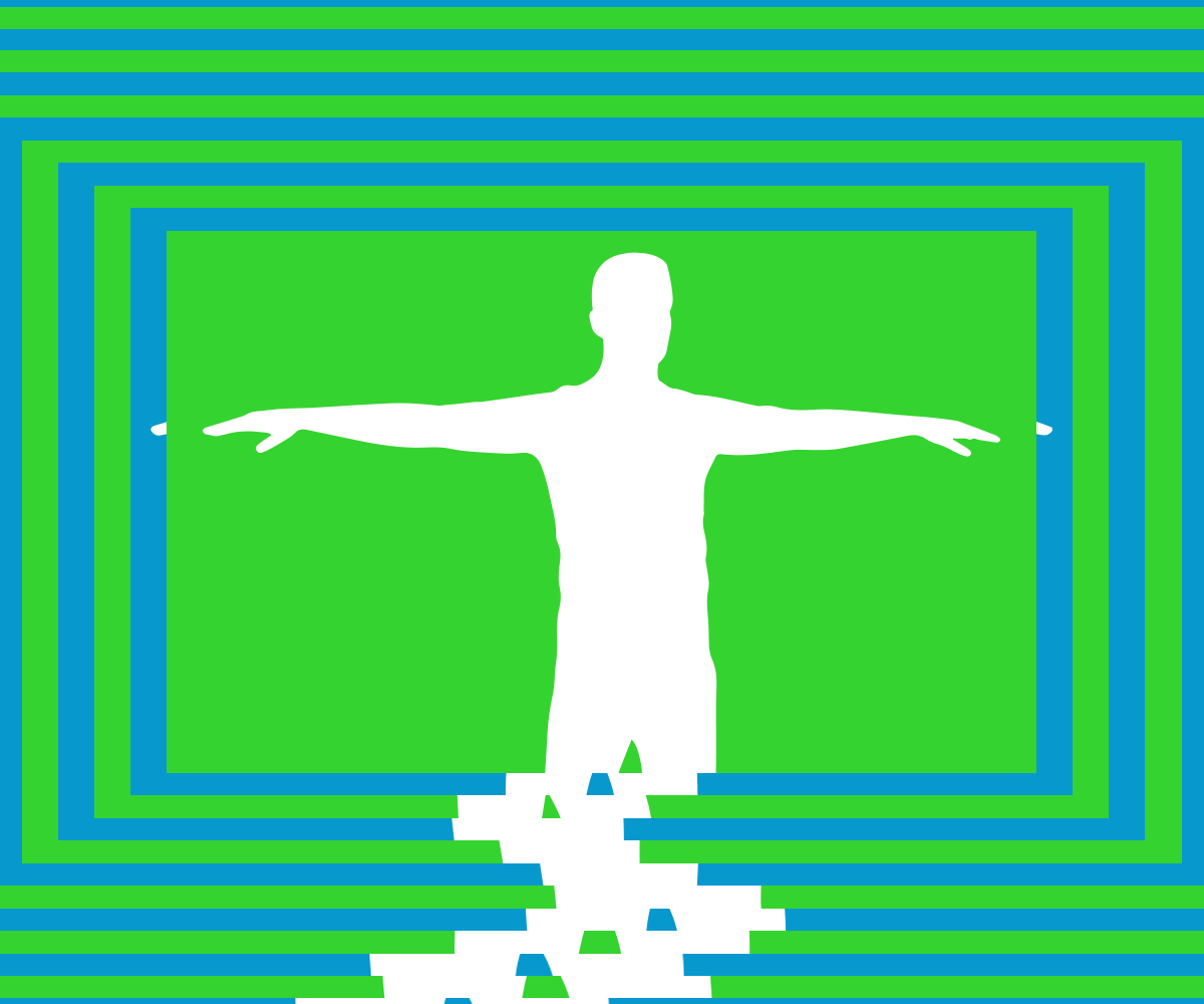 White figure with arms outstretched against a blue and green background.