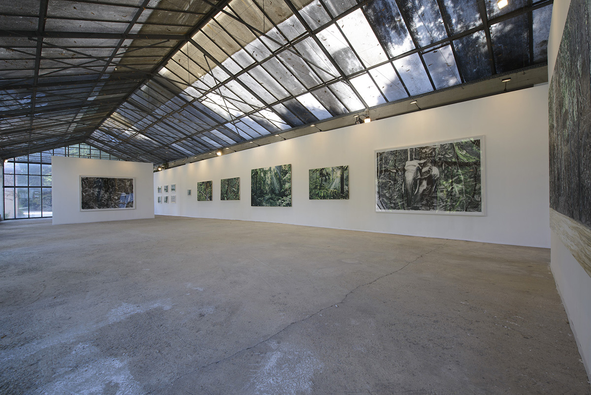 a large exhibition space with paintings of nature on the walls