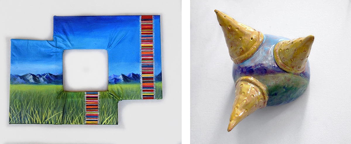 two colorful irregular artworks in a side by side diptych
