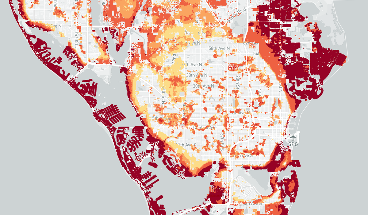 Map area overlaid with red, orange, yellow and white.