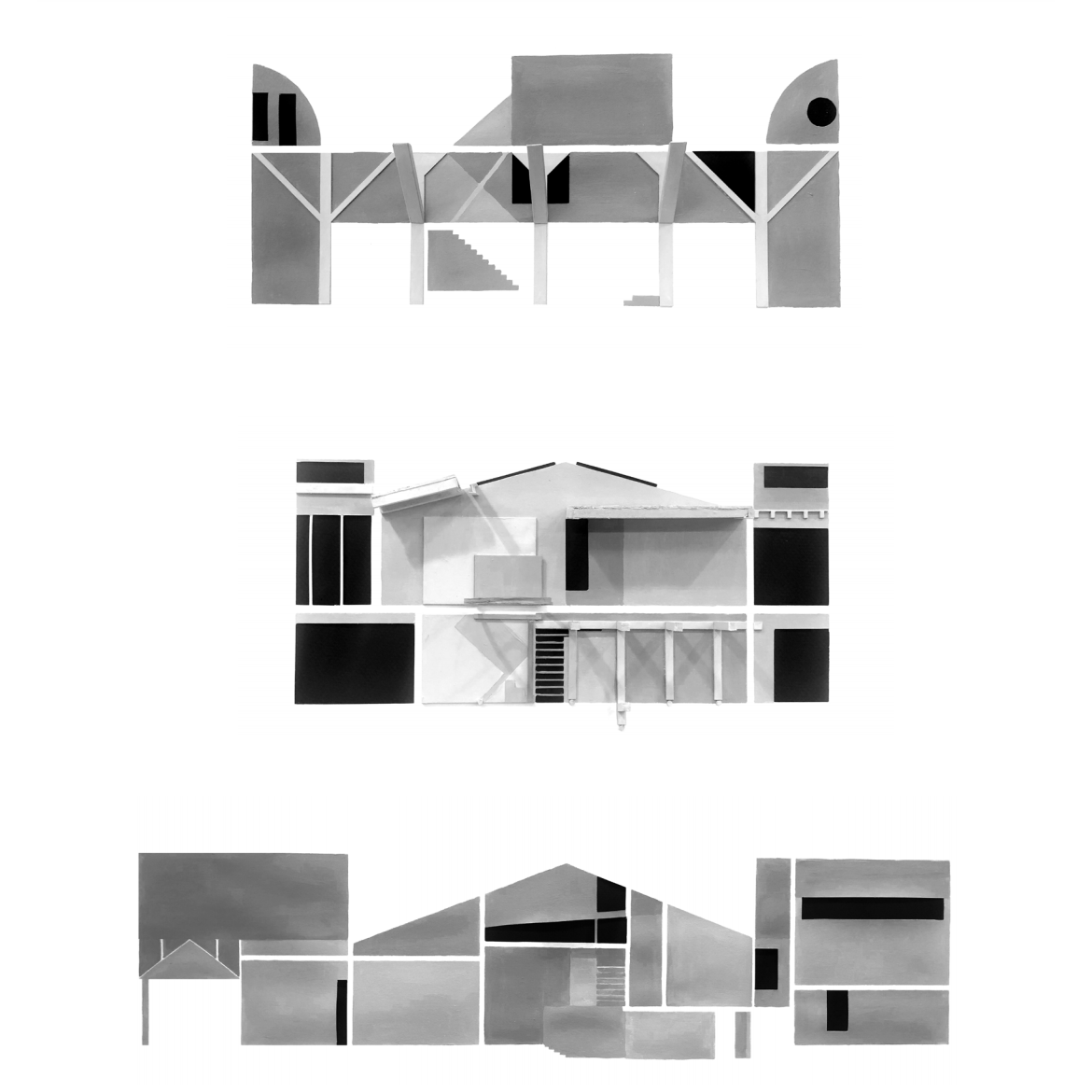 Watercolor architectural drawings in black, grey and white.