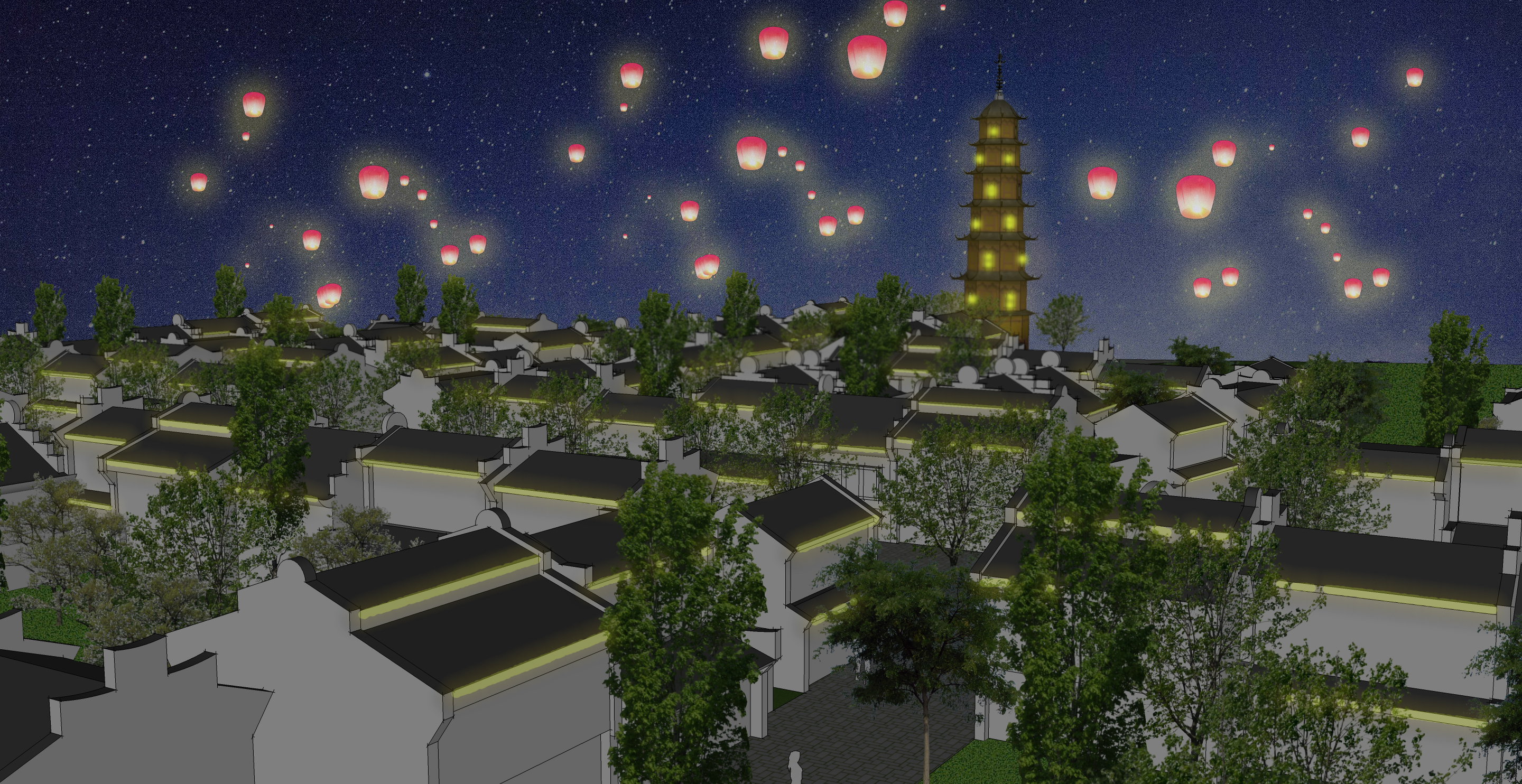 Lanterns floating in the sky above a suburban neighborhood.