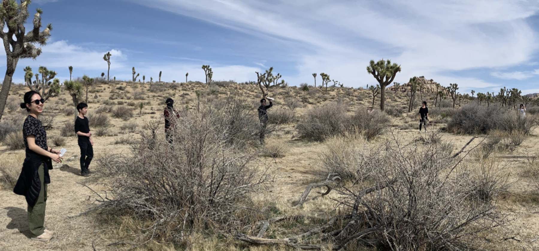 People standing in a desert with a cloudy blue sky above.