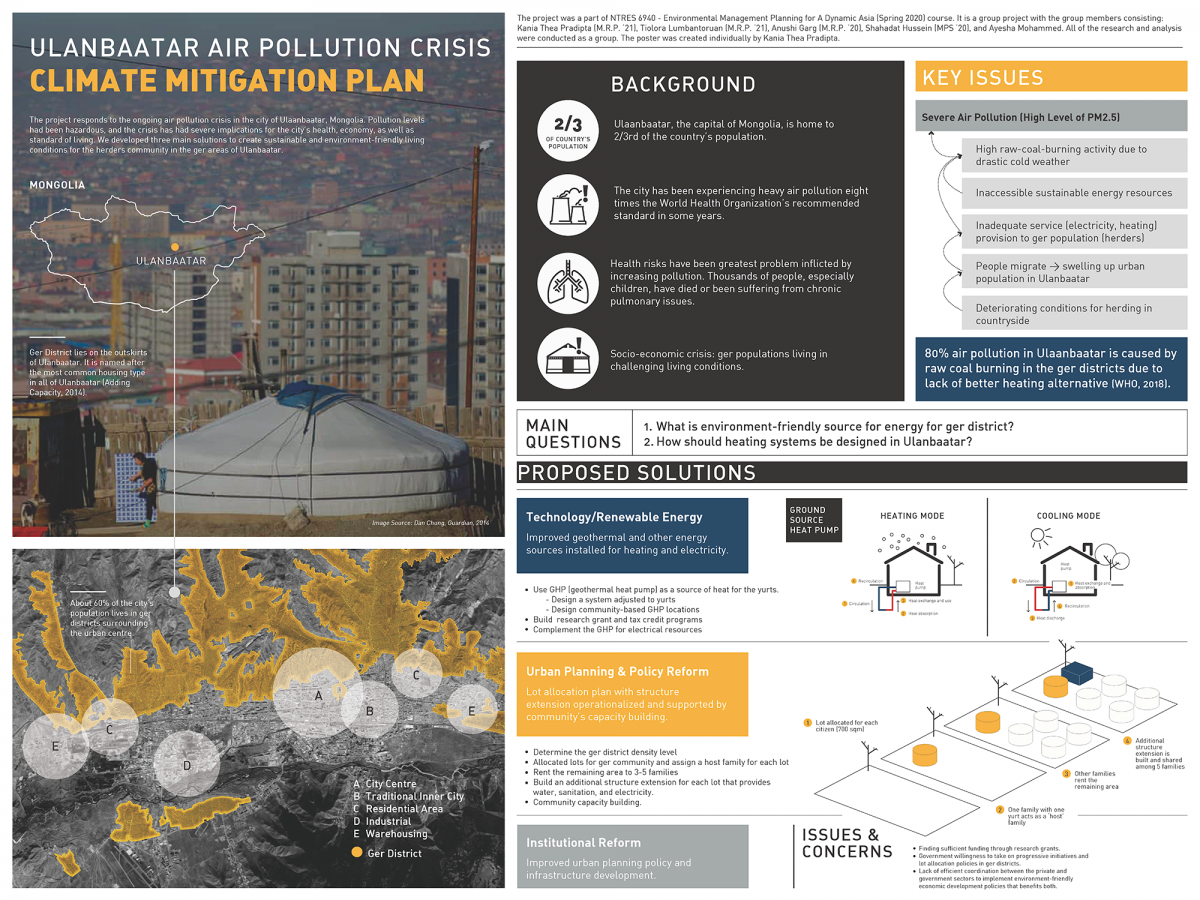 A map with yellow and white graphics showing different areas of pollution