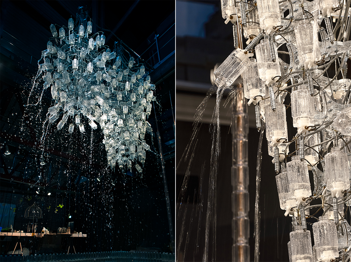 Full water chandelier releasing water (left) close up of bottle pouring out water (right)