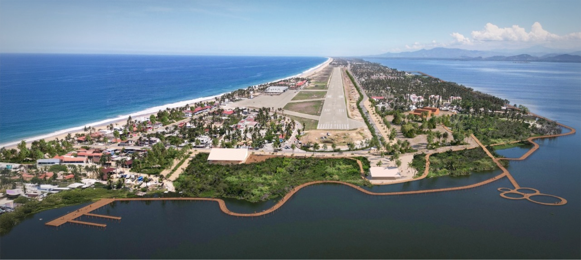 Aerial view of a city along a shoreline