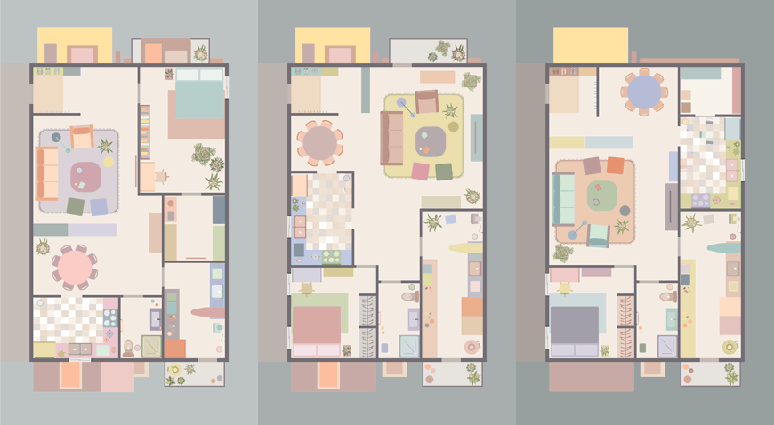 Top of view of apartment floors transforming into blobs with floating objects.