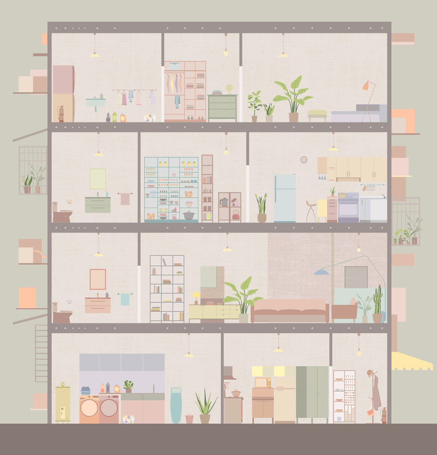 Inside a four story apartment with furniture, objects and plants that transform into blobs with floating objects.