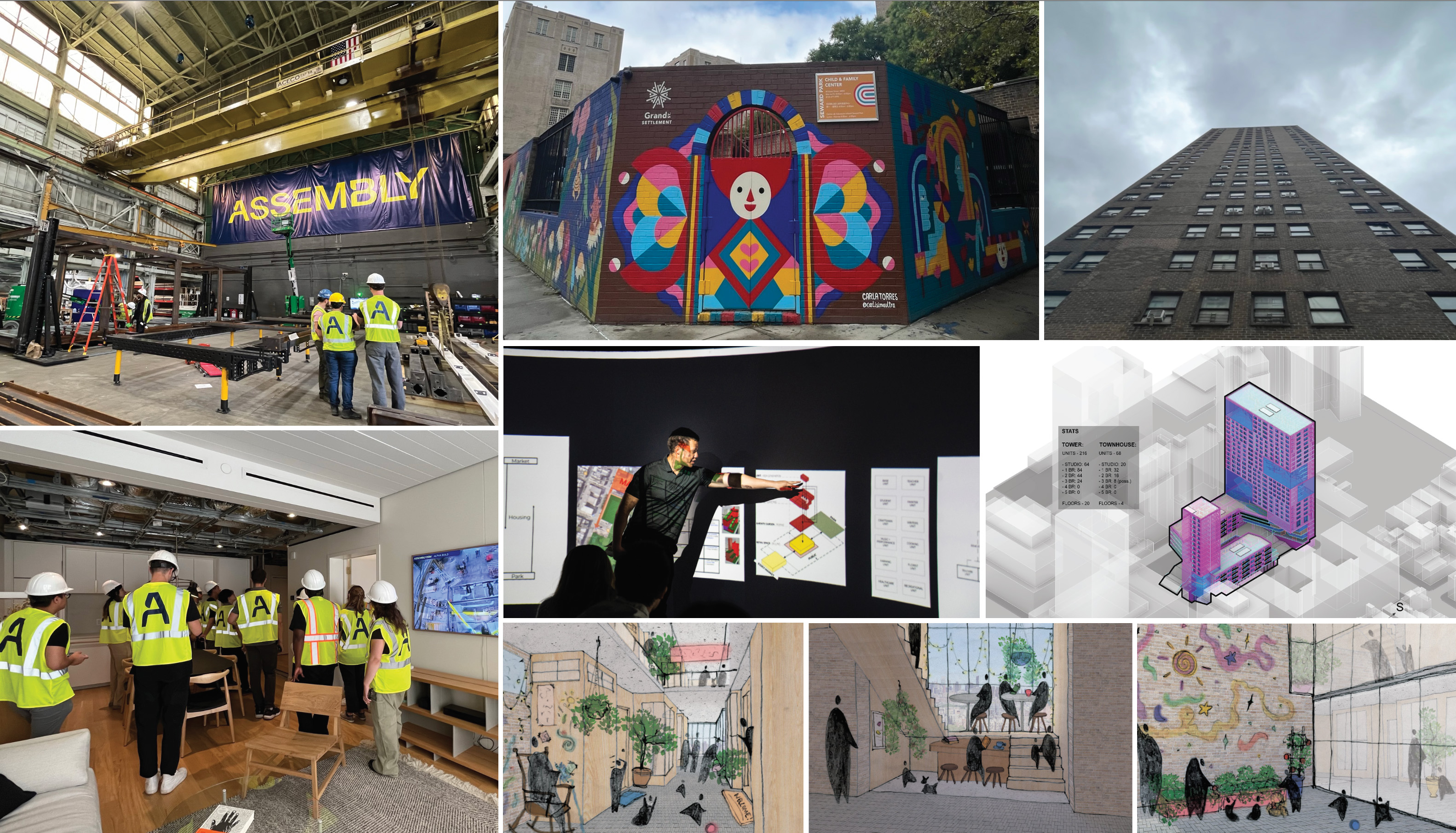 collage of construction workers and building sketches
