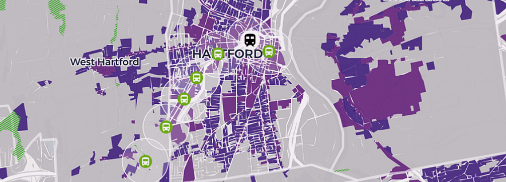 Purple and gray zoning map of Hartford with bus route highlighted