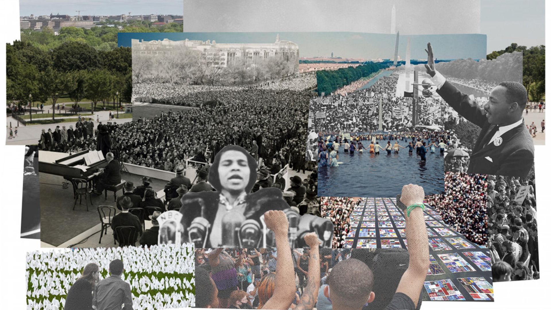 Collage of images from the history of the national mall.