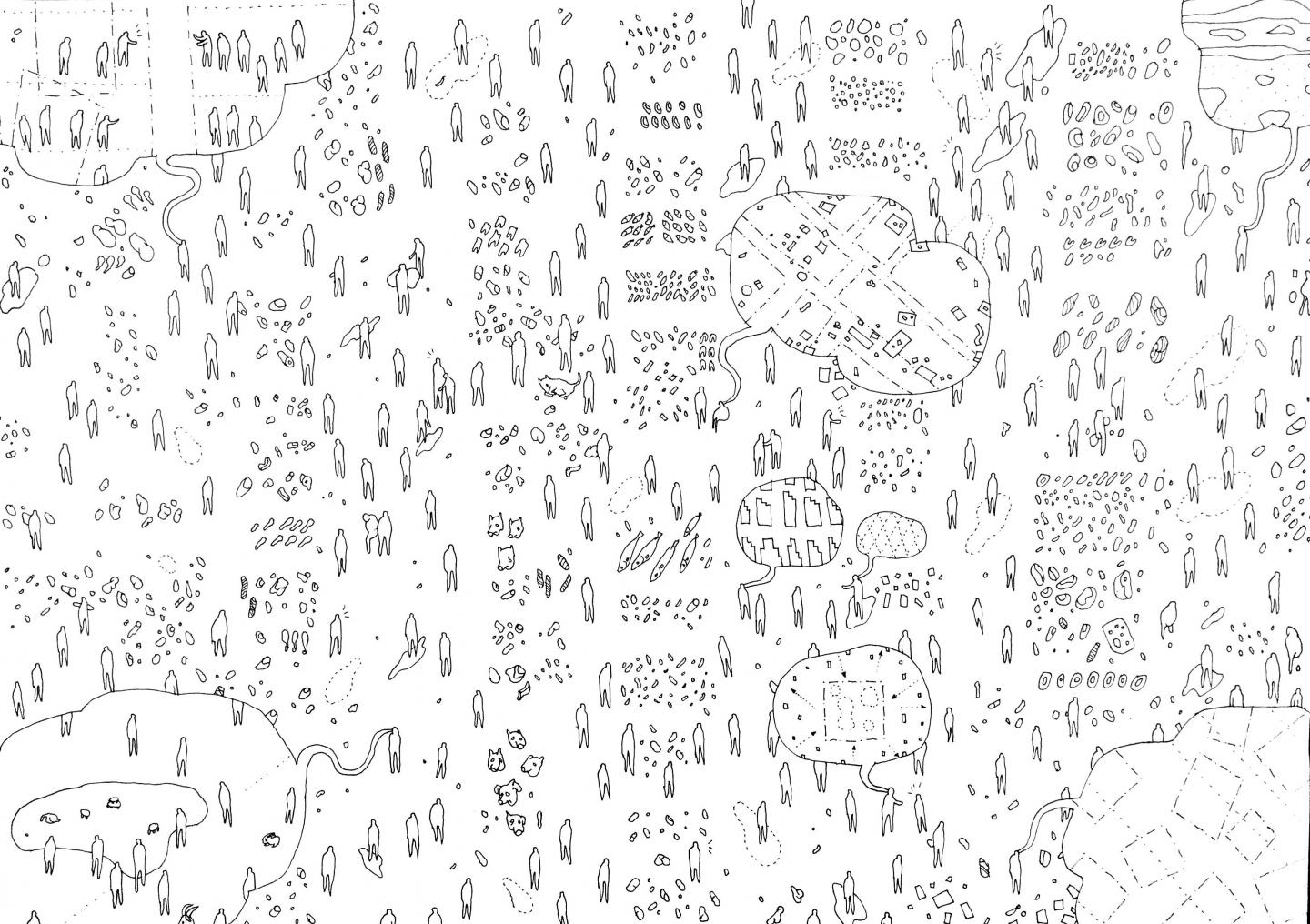 A white background with black pen sketches of random people figures scattered around.