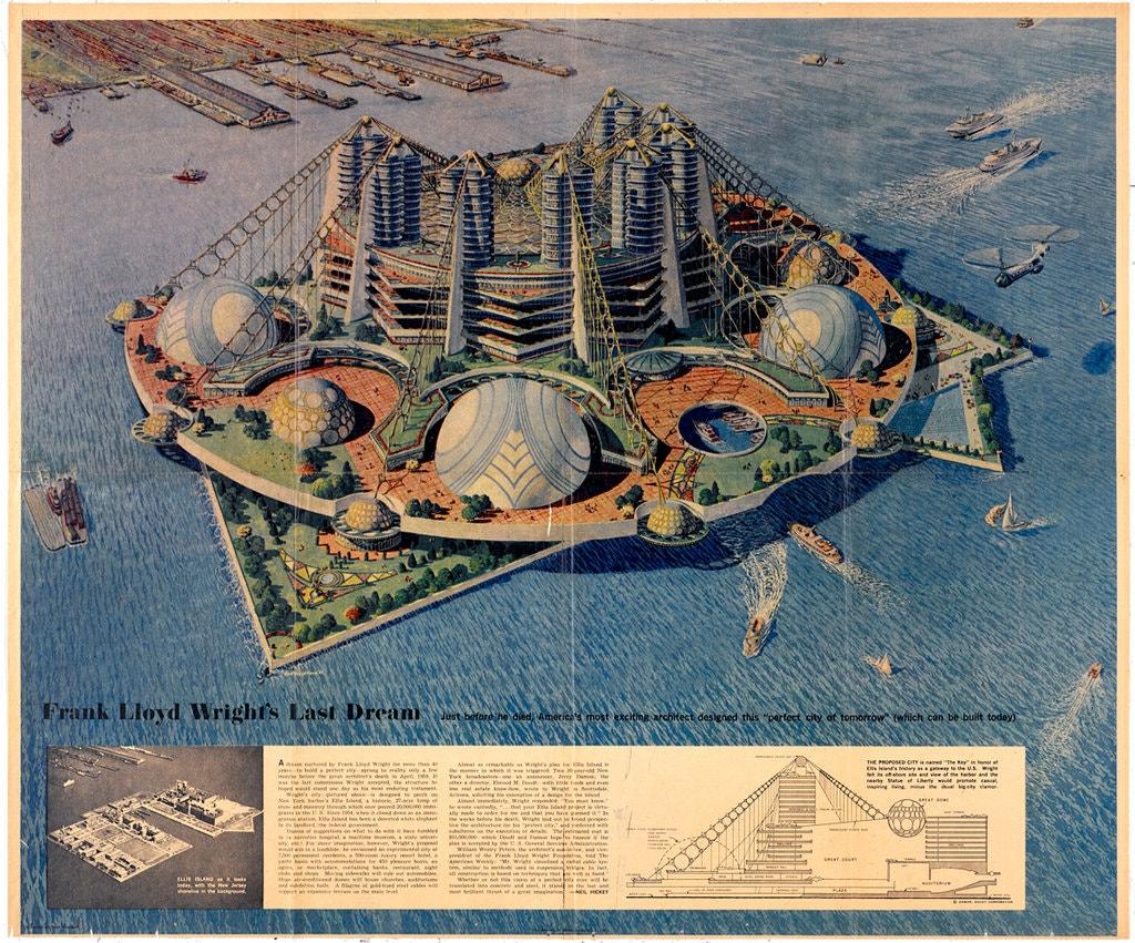 colored drawing of a futuristic building on an island in a body of water with inset descriptive text