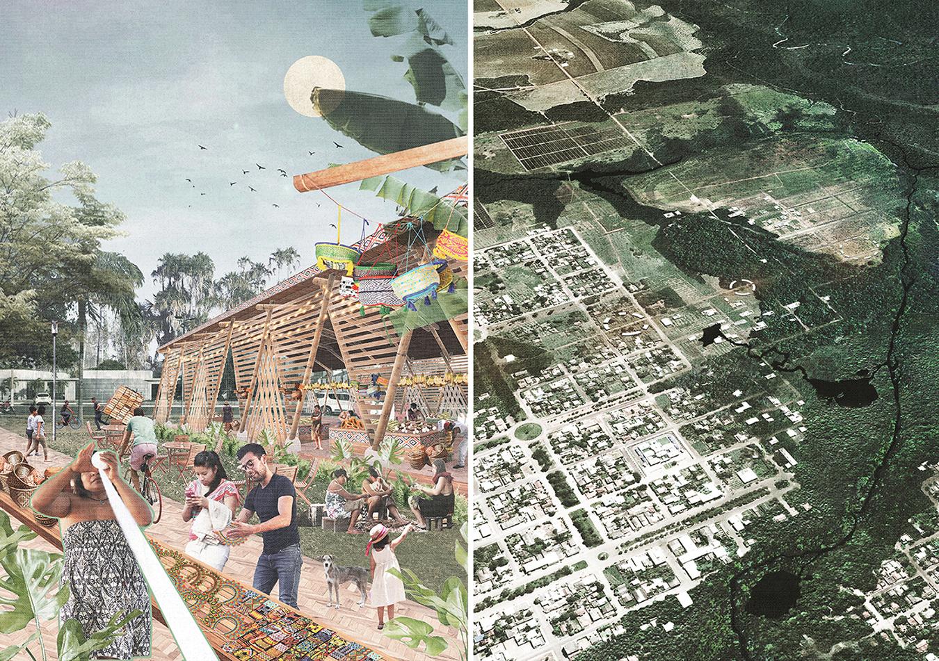 A collage of of people people and island-like structures and trees with a green and white blotchy view of the ground as seen from above.
