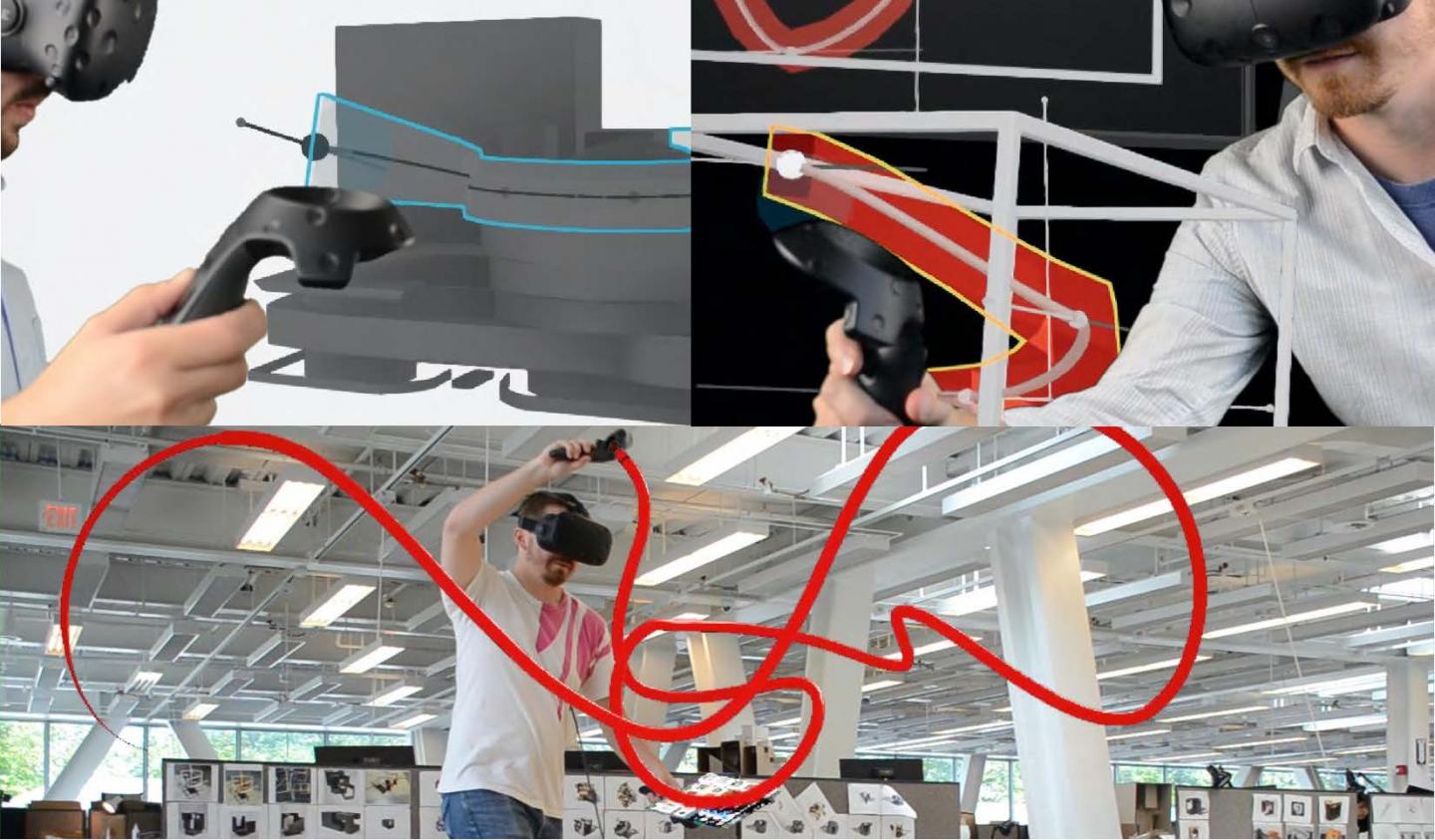 montage of 3 images of a man using 3D goggles and a virtual reality hand-held device