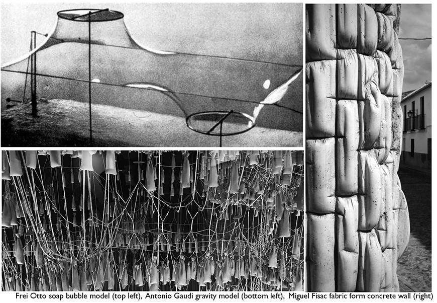 thee black and white photos of a soap bubble model, a gravity model, and a fabric form concrete wall