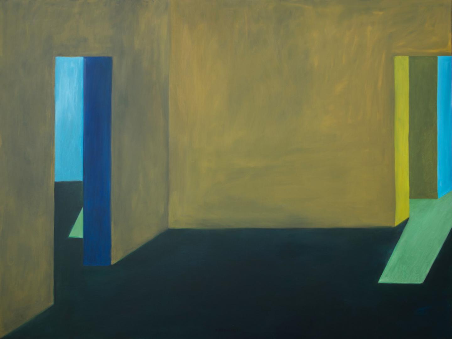 a painting of a room with bar yellow walls with a doorway into a blue room