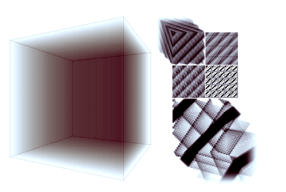A brown cube next to square shapes with different black and white patterns.