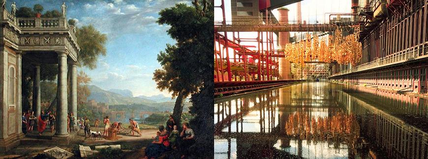 Side by side images of a classical landscape and a modern industrial complex