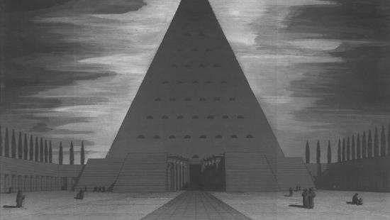 A large black and white pyramid with a door and cloudy sky.