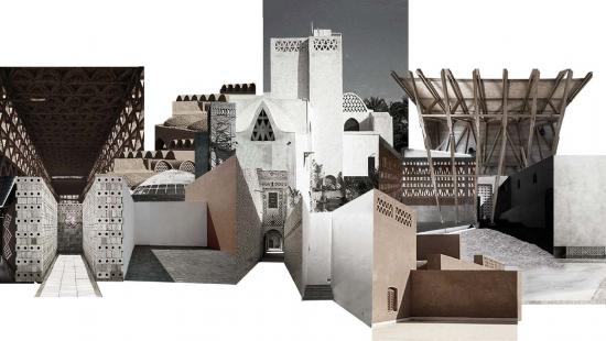 A collage of varying buildings/structures on a white background.
