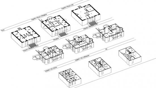 black and white schematic of a series of houses