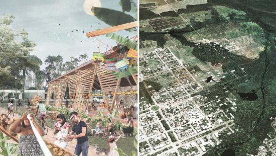 A collage of of people people and island-like structures and trees with a green and white blotchy view of the ground as seen from above.