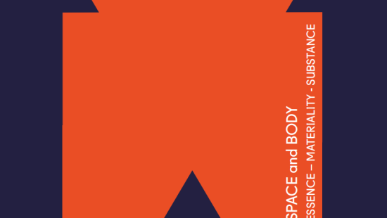 An orange shape on a dark blue background with white text.
