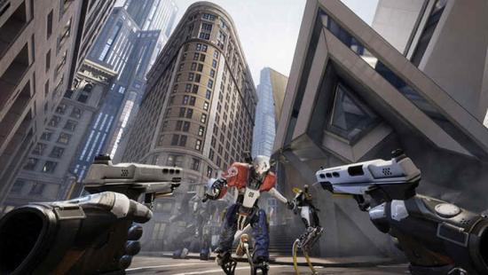 gaming screen shot showing a robot with guns aimed at it