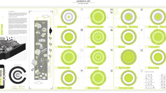 A series of green circles on a white background with black and yellow shapes and accents.