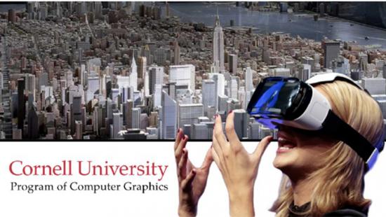 woman with VR glasses and a rendering of New York City behind her