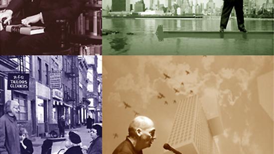Four images including Rem Koolhaas, Robert Moses, Lewis Mumford, and a historic New York City street scene.