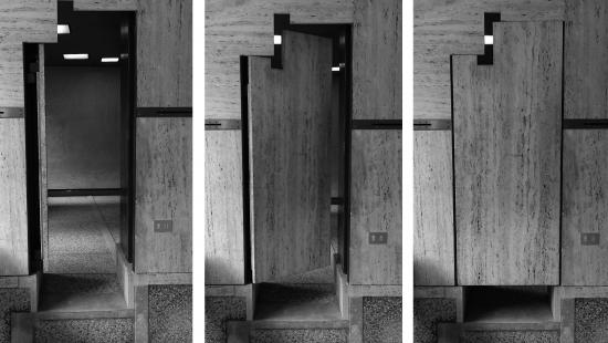Three rectangular black-and-white images of wooden doors side-by-side.