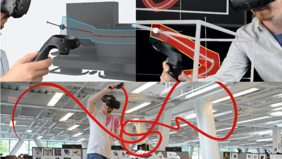 3 photos of a man in virtual reality goggles with a red line superimposed to match the movement of a device in his hand