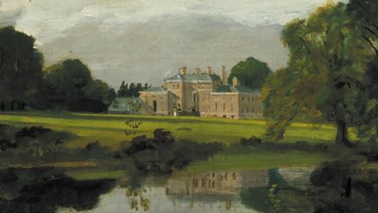 painting of an English manor house on a wide lawn with a lake in the foreground
