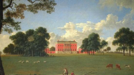 Two people fishing from a floating boat, cows and sheep grazing in a field, a red building and trees, and clouds in a blue sky.