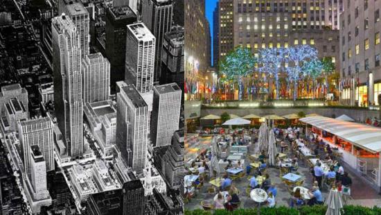 an overhead view of Rockefeller Center on the left, a scene of street dining on the right